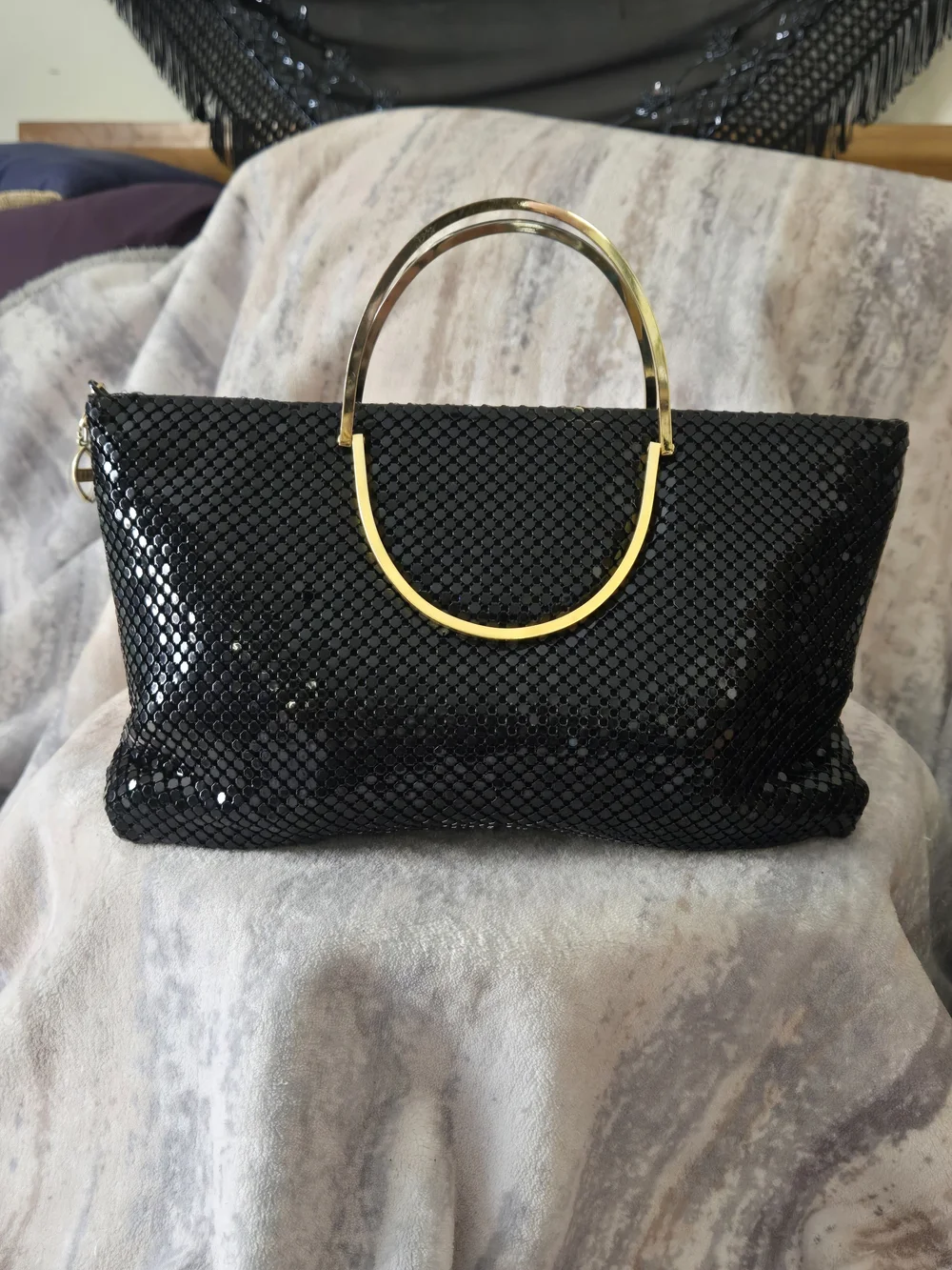 Black Metal Mesh Evening Bag Gold Ring Handle Chainmail Clutch Purse